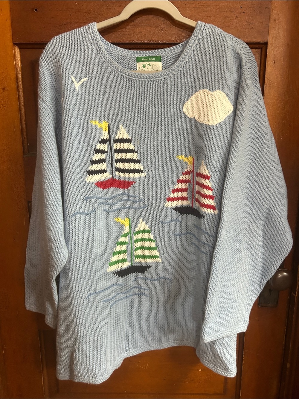 Quacker Factory Light Blue Sailboat Intarsia Crewneck Sweater